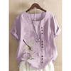 Women's Summer Fashion Casual Linen Shirt Round Neck Printing T-shirt Short Sleeve Tops Loose Blouse XS-5XL