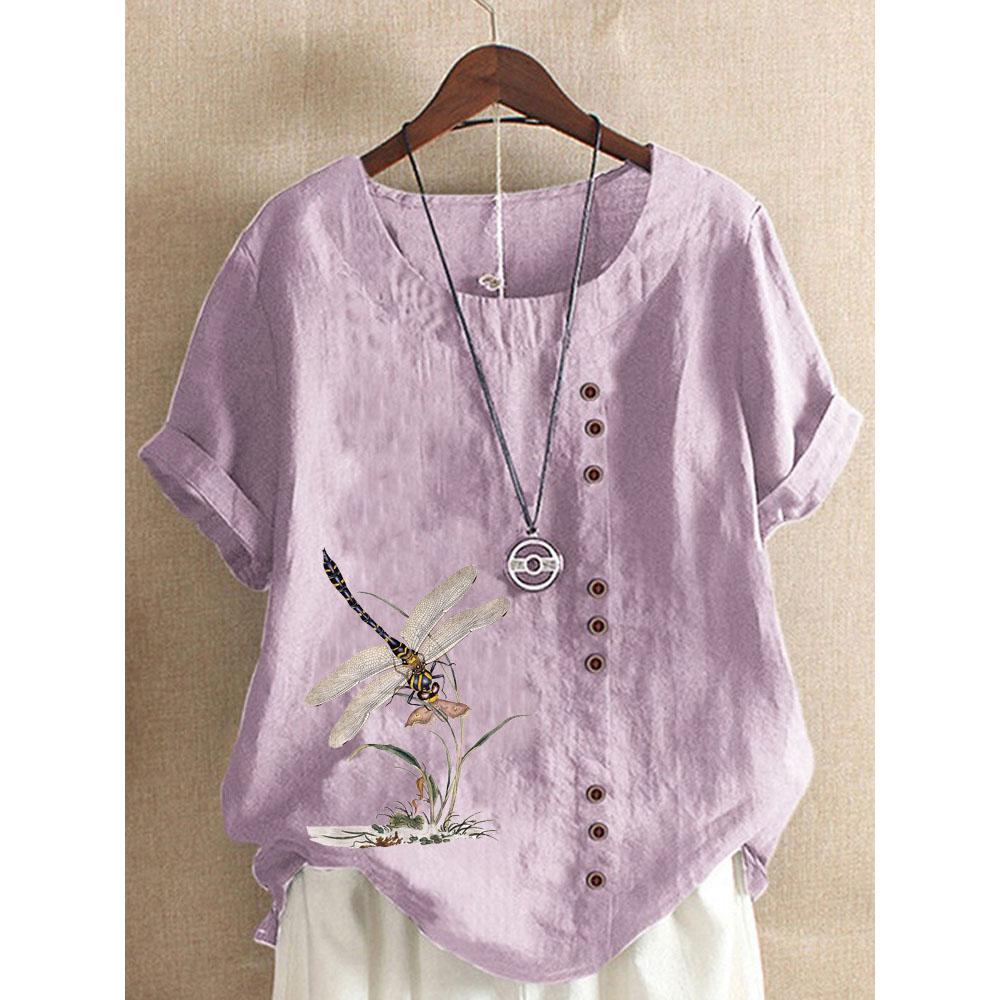 Women's Summer Fashion Casual Linen Shirt Round Neck Printing T-shirt Short Sleeve Tops Loose Blouse XS-5XL