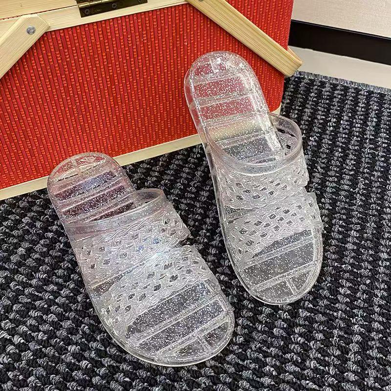 Women's Transparent Crystal Flat Sole Slippers Summer New Open Toe Soft Sole Non Slip Anti Odor Home Slippers Bathroom Slippers