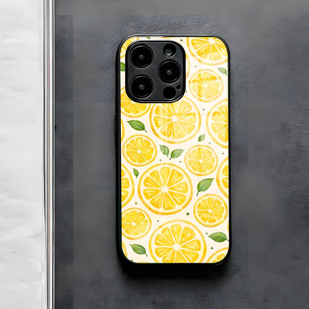 Фруктовый чехол-лимон для iPhone 17 Air 16 E Pro Max 15 14 13 Mini 12 Pro 11 Max Plus Черная стеклянная крышка