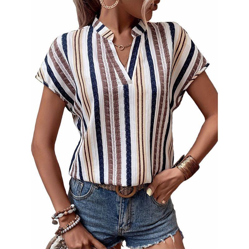Striped V-neck Batleeved Shirt European and American Spring and Summer Stripe V-neck Batwing Sleeve Shirt Top
