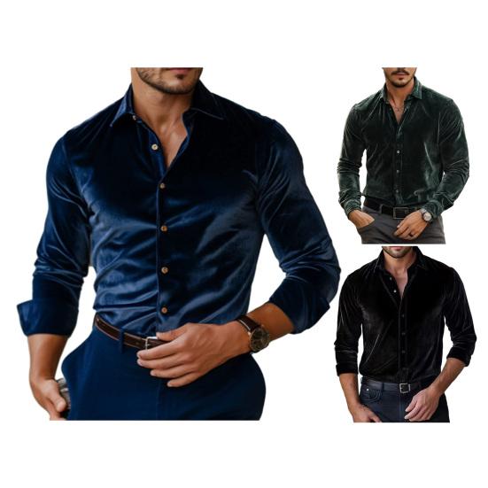 Мужская бархатная рубашка с длинными рукавами, на пуговицах, с отворотами, однотонная, повседневная, формальная, для вечеринок, свиданий, офиса.