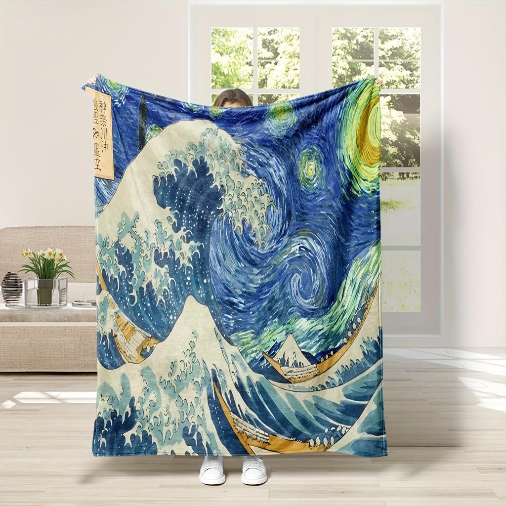 Waveinspired Ukiyoe paintings digitalprinted polyester velvet flannel cover blanket Fleece soft sofa cover blankets for beds
