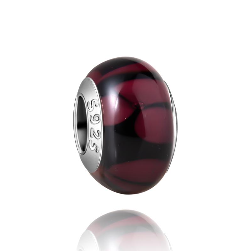 Муранское стекло Серия стерлинговое серебро 925 пробы Медный павлин синий и лепесток цветка Вращается Шарм Подходит для браслета Женские изящные циркониевые аксессуары