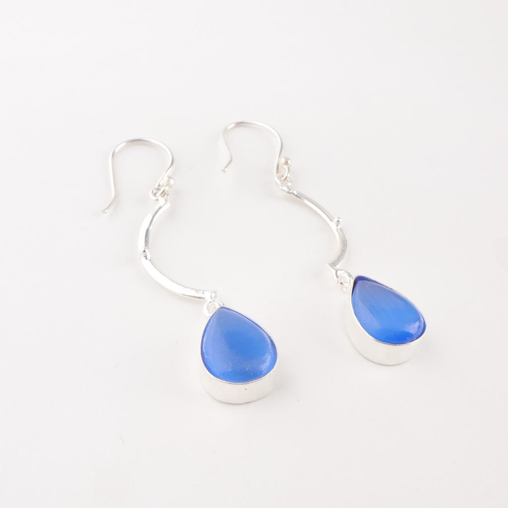 Dark Blue Cat's Eye Gemstone 925 Sterling Silver Jewelry Handmade Earrings 2.60" EE-43-42