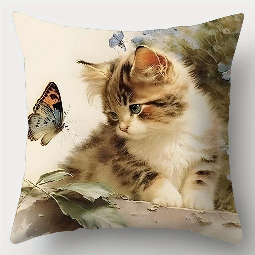 Cute Kittens With Butterflies Floral Pillow Covers Pattern Cushion Cover Suitable For Sofa Bedroom Car Pillow Cover