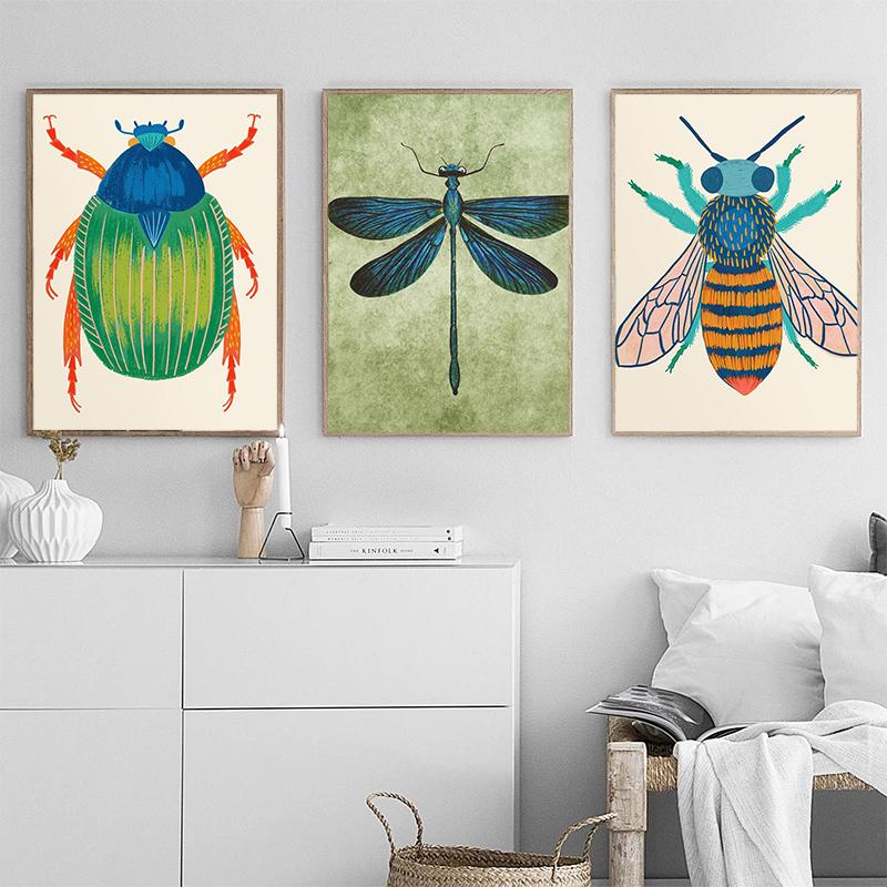 Интересный Ретро Натуральный Мультяшный Насекомое Арт Постер Печать на Холсте Гостиная Спальня Детская Комната Домашнее Украшение Подарок