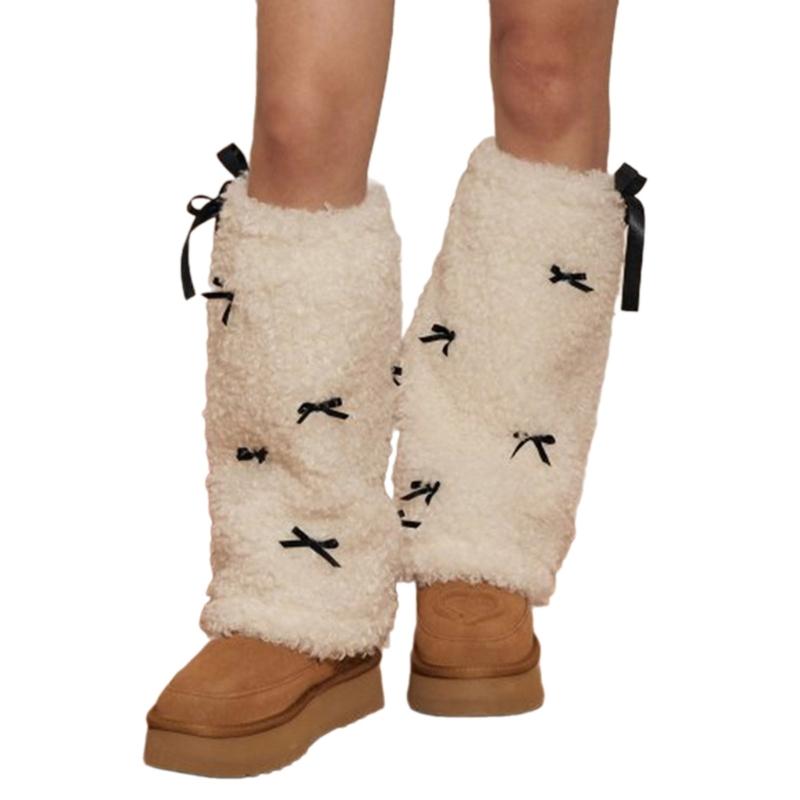 Bow Furs Leg Warmer Winter Furry Long Boot Cuffs Fuzzy Shoe Cover Party Costume for Holiday Festival Performances Play