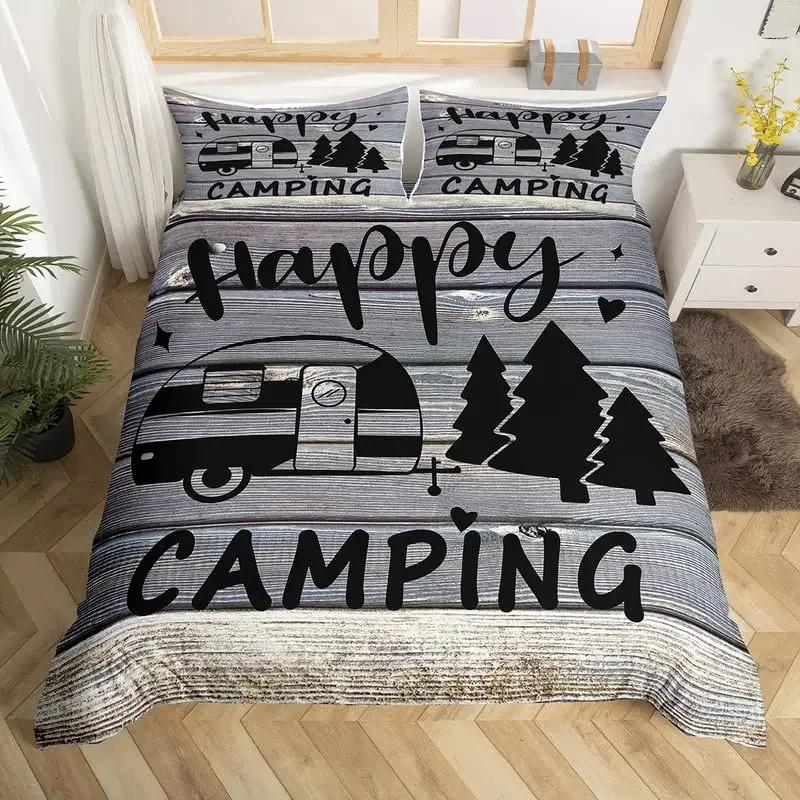 Camper Bedding Set Kids Happy Camping Duvet Cover Set Microfiber Rv Camping Quilt Cover Camper Accessories For Travel Trailers