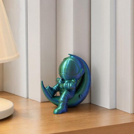 3D Printed Moon Astronaut Figurine, Sitting on Crescent Moon Spaceman Statue, Astronaut Desktop Decoration for Home Office Bookshelf