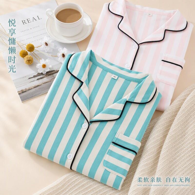 2026 Striped Cotton Loungewear Set Young Women Casual Long Sleeve Pajamas