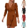 Women's Autumn And Winter Fashionable And Casual Solid Color V-Neck Long Sleeve Ruffle Dress