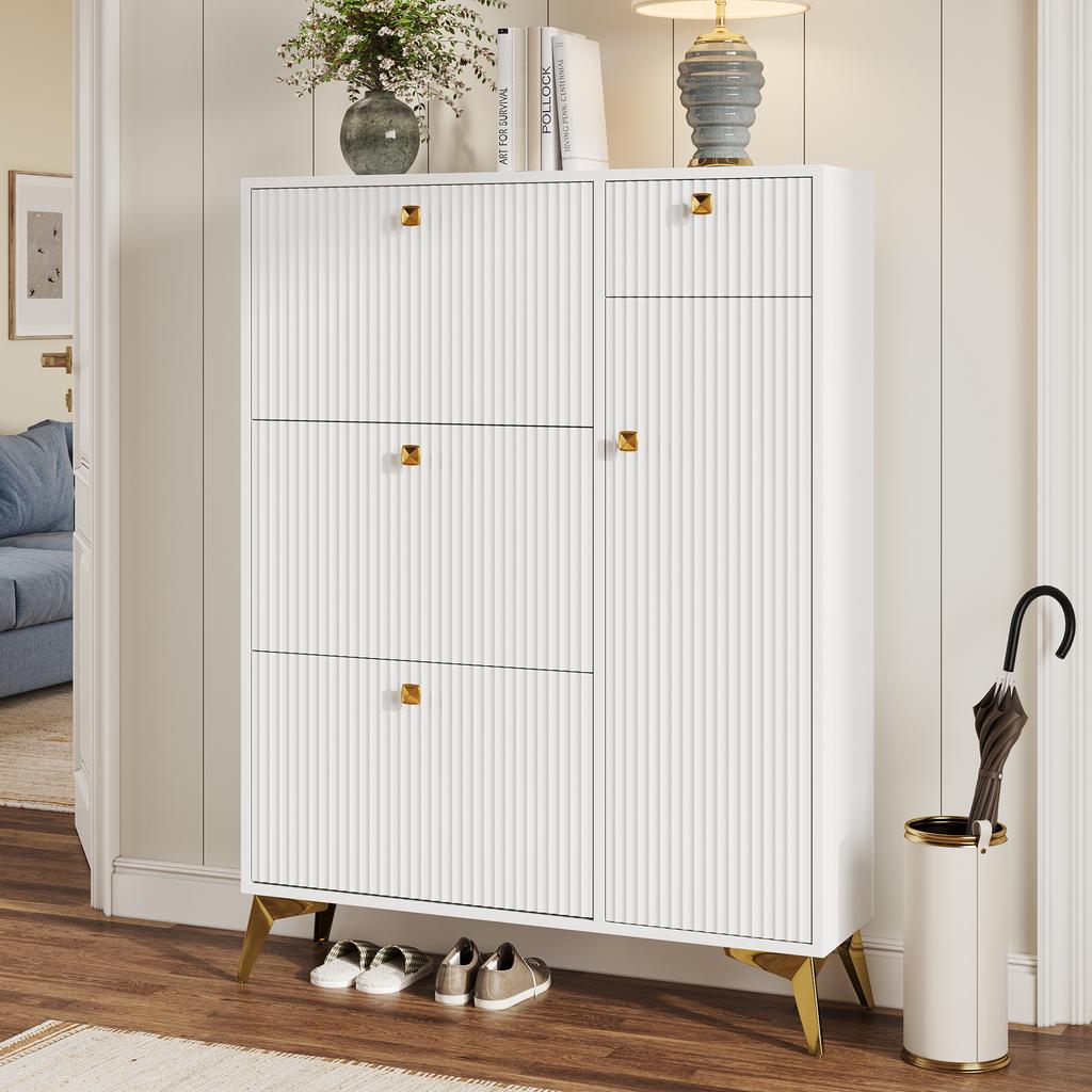 Shoe Cabinet with 3 Flaps, 1 Drawer and 1 Door, White Shoe Cabinet. Dimensions: H 121 cm / W 90 cm / D 25 cm (old SKU N657P19561518W)