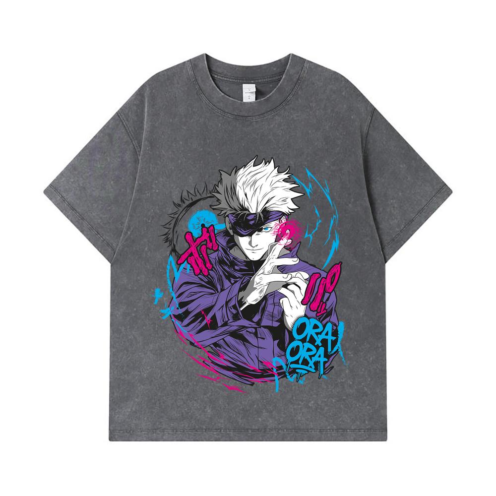 275 GSM Washed T-shirts 100% Cotton Jujutsu Kaisen V59 Gojo Print Unisex Heavy Cotton T Shirt