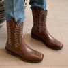 Fashion Women Embroidered Western Ankle Boots Vintage Square Head Thick Heel Fashion Booties Autumn Winter New Mid-Calf Ladies Boots
