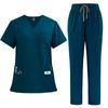 Women's Quick Drying Fabric Solid Color V-neck Pocket Short Sleeved Pants Set Workwear