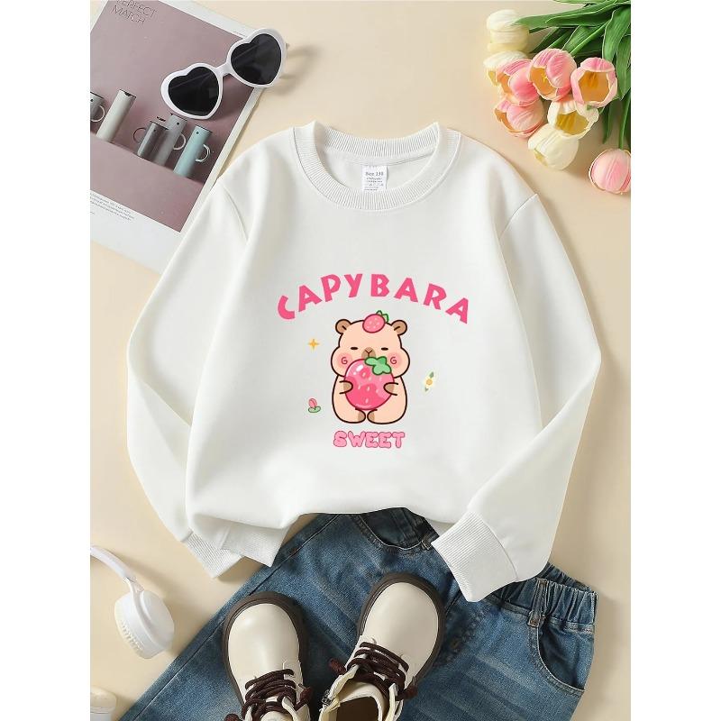 European sizes Crewneck Sweatshirt for Kids Featuring a Capybara with a Strawberry, Soft And Comfy Sports And Casual Wear Is Perfect for Kids