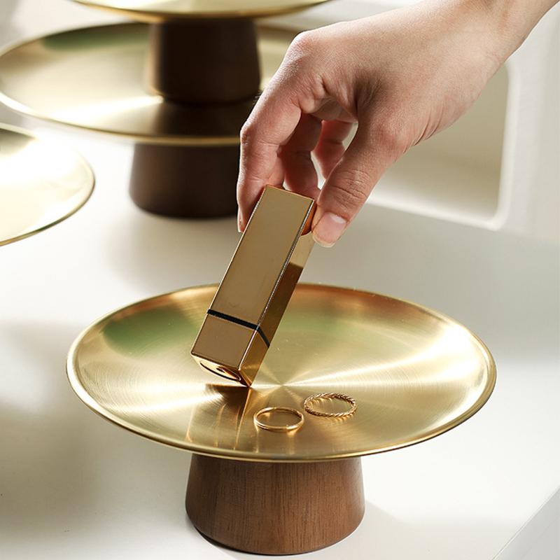 Деревянная основа легкая роскошная простая тарелка для фруктов из нержавеющей стали с высокими ножками