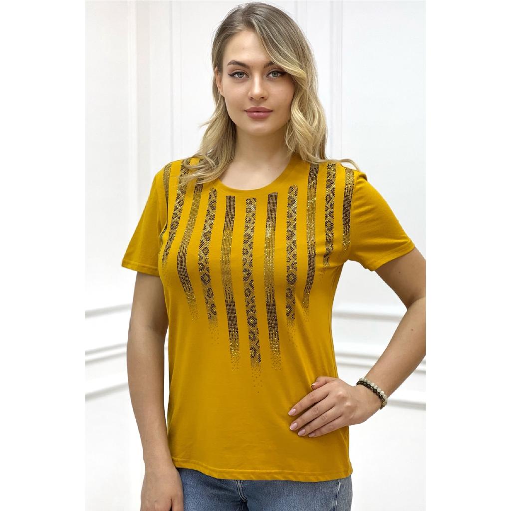 Хлопковая черная женская футболка с коротким рукавом и круглым вырезом с леопардовым принтом и кристаллами больших размеров