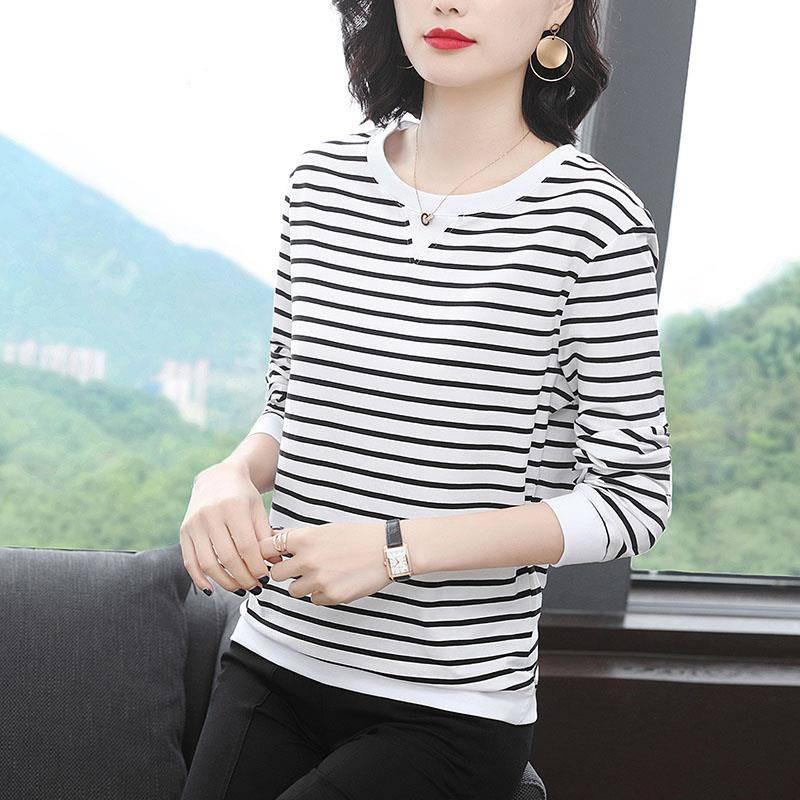 Long Sleeve Stripe Tee Women Middle Age Mom Spring Autumn Casual Base Layer Wearable Top