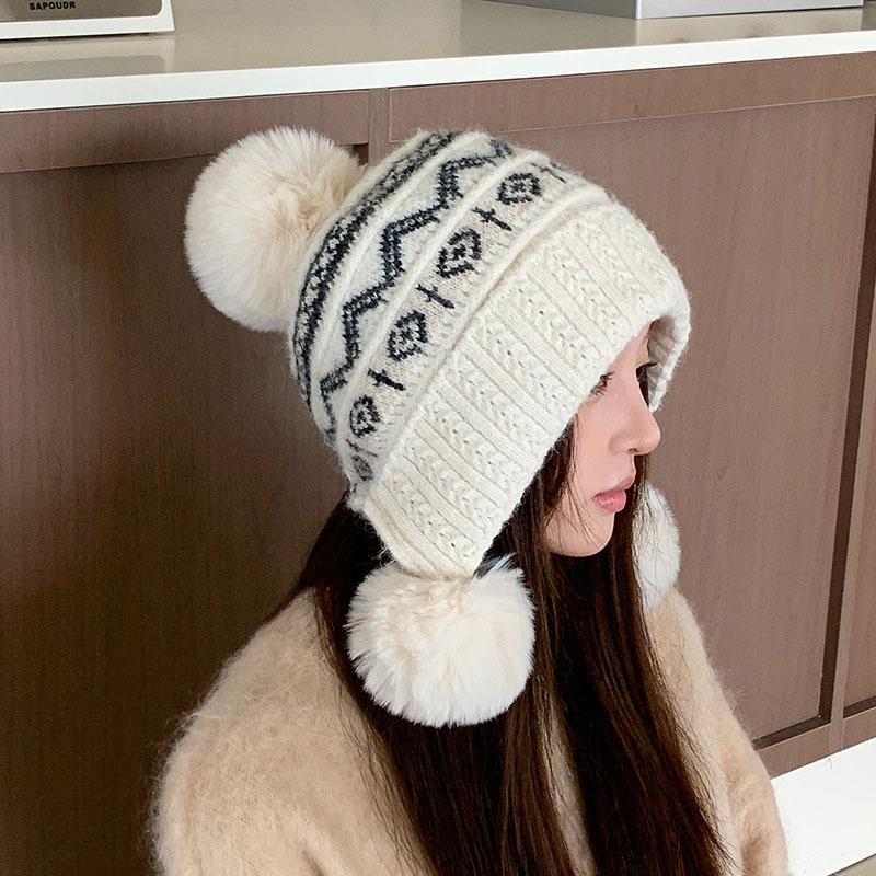 Fair Island wind autumn winter piled thickened pullover hat warm ear protection knitted big head circumference small face wool hat