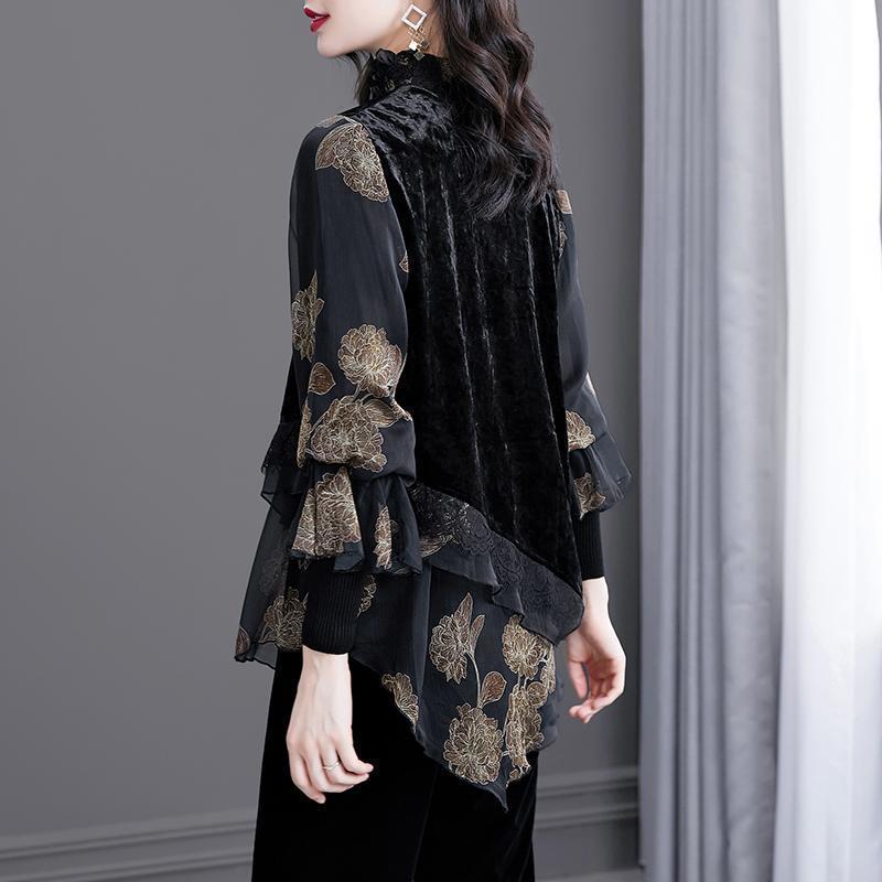 Модная и красивая женская блузка с бархатной и кружевной отделкой