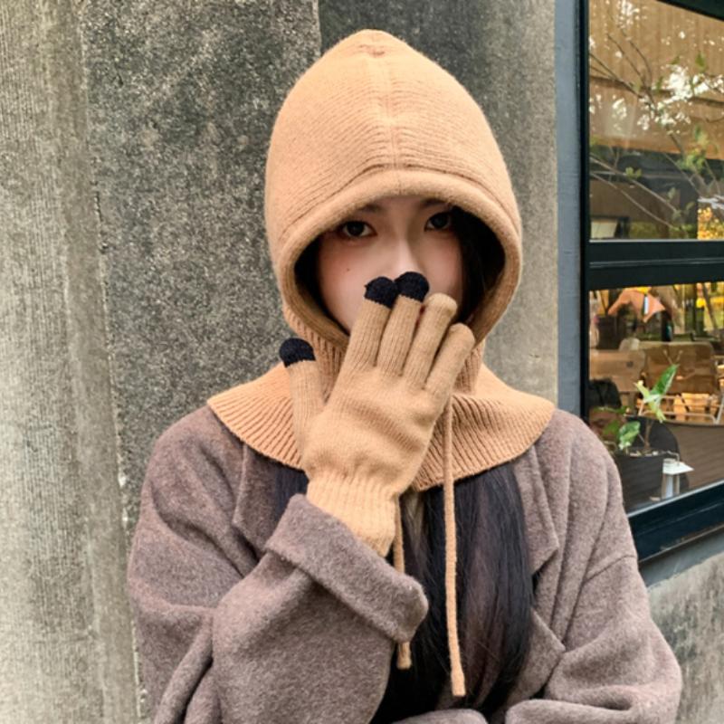 Winter Outdoor Warmer Balaclava Hats Women Girls Knitted Hooded Hats Scarf and Gloves Set Drawstring One-piece Neck Collar Beanies Caps