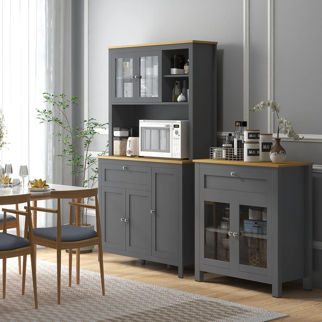 Kitchen cabinet sideboard, 5 doors, 2 glass doors, 1 drawer, 1 niche, 180 cm high, grey
