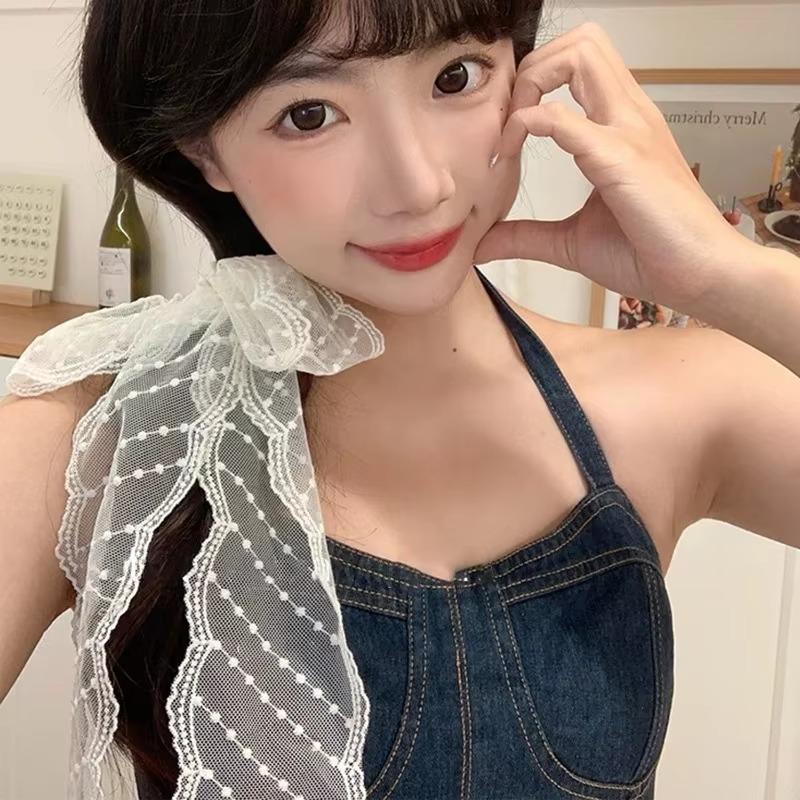 2025 Модные белые кружевные вышитые платки для женщин, корейский шарф для волос, длинная лента, бант, повязки для волос, весна-лето, головные уборы