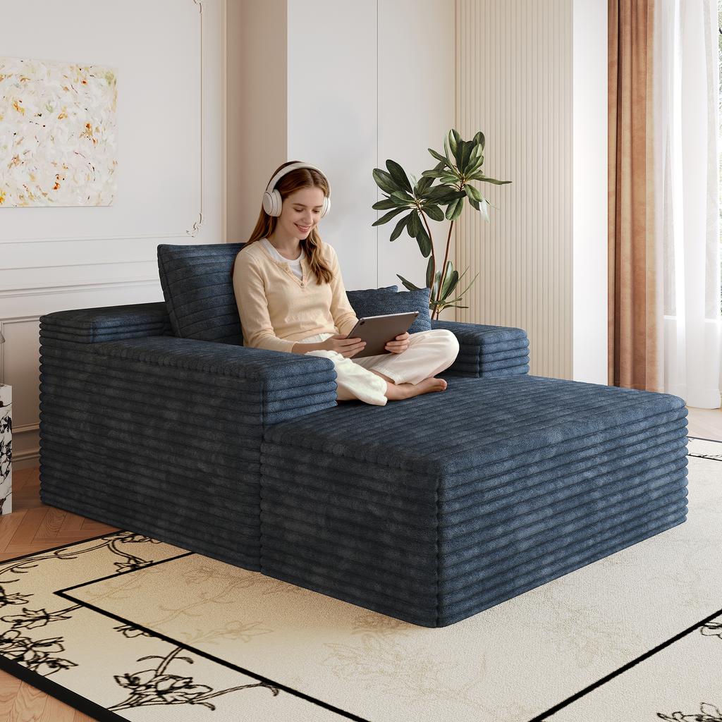 115*159cm, Comfortable Corduroy Sofa, With Deep Seat, Chaise Longue, No Assembly Required, Compression Sofas for Living Room, Bedroom, Apartment, Blue