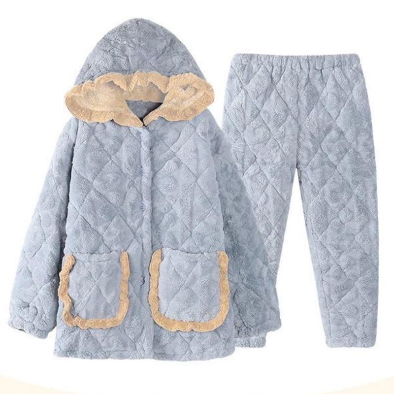 New Coral Fleece Pajamas Women's Autumn and Winter Pajamas Three Layers Thickened Plush Home Clothes Warm Cotton Home Clothes Set