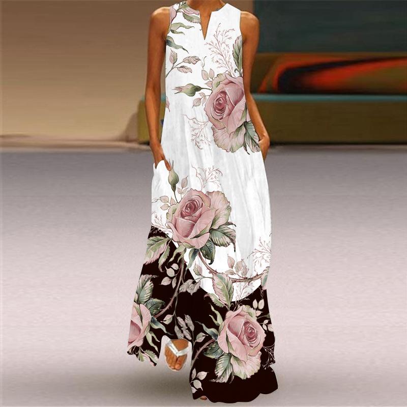 QICED Summer Women's Sleeveless Long V-Neck Printed Jade Flower Dresses