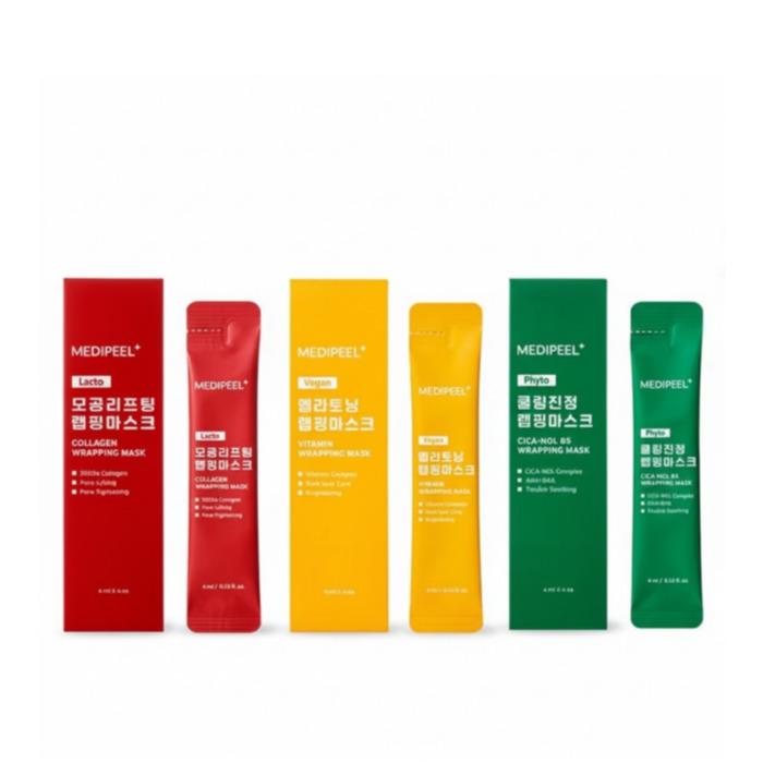 MEDI-PEEL Wrapping Mask Trio Set – Lacto Pore Lifting / Vitamin Mela Toning / Cica Cooling (4 ml × 4 pcs each)