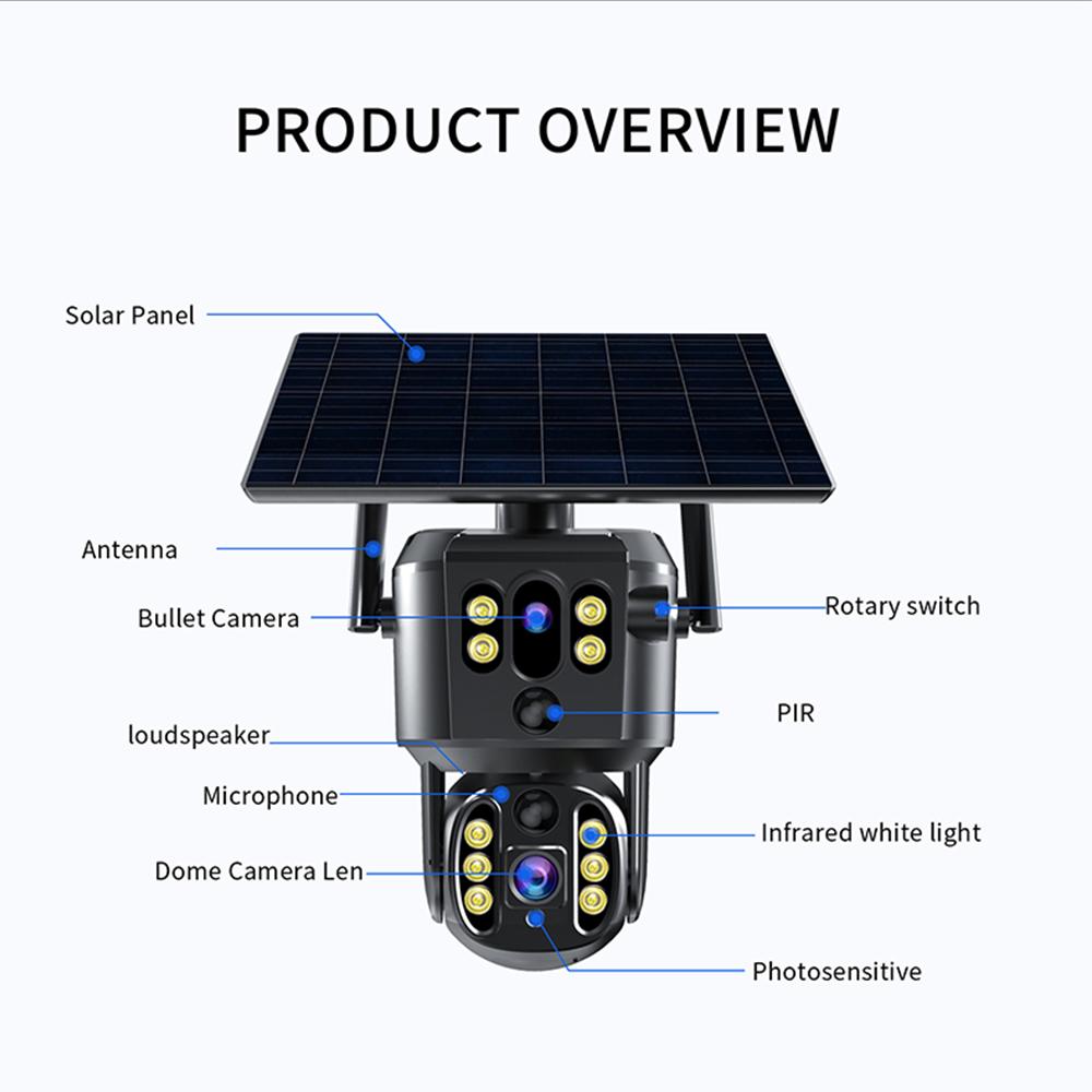 4G SIM-карта, солнечная, двойной объектив/вид 4K WIFI, беспроводная IP-камера PTZ, наружная, PIR-обнаружение, безопасность, ночное видение, наблюдение
