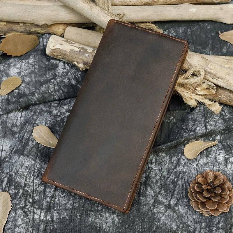 New Men's Crazy Horse Leather Long Wallet Brown Cow Leather Bifold Wallet With Phone Pocket Cowhide Long Leather Purse Card Case