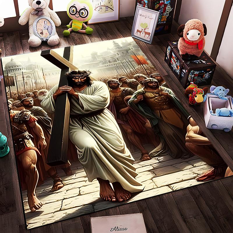 Crucifixion Scene with Crown and Cross Non-slip rug suitable for living room and bedroom sofas.