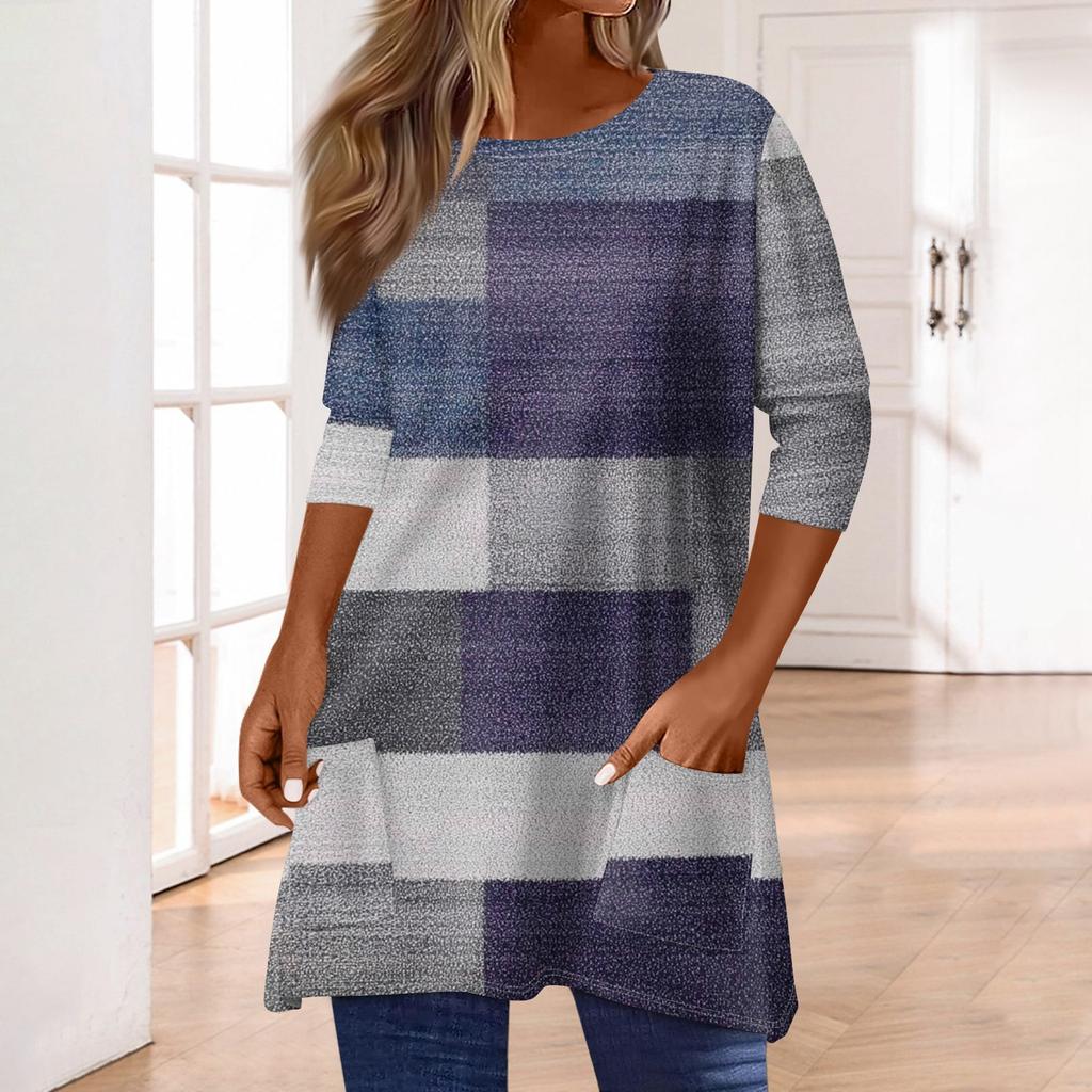 3/4 рукава кармана топы для женщин футболка повседневный принт средней длины топы футболка круглый вырез пуловер блузка