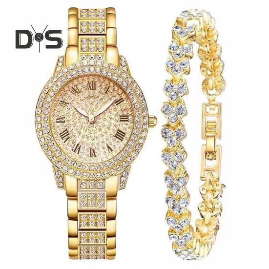 2 шт./комплект женские часы Quart блестящие стразы круглый циферблат высокоточный механизм наручные часы с браслетом