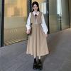 Color-Block Patchwork Long-Sleeve Autumn Dress - French Retro Academic Style, Waist-Cinching, Slimming Mid-Length Skirt