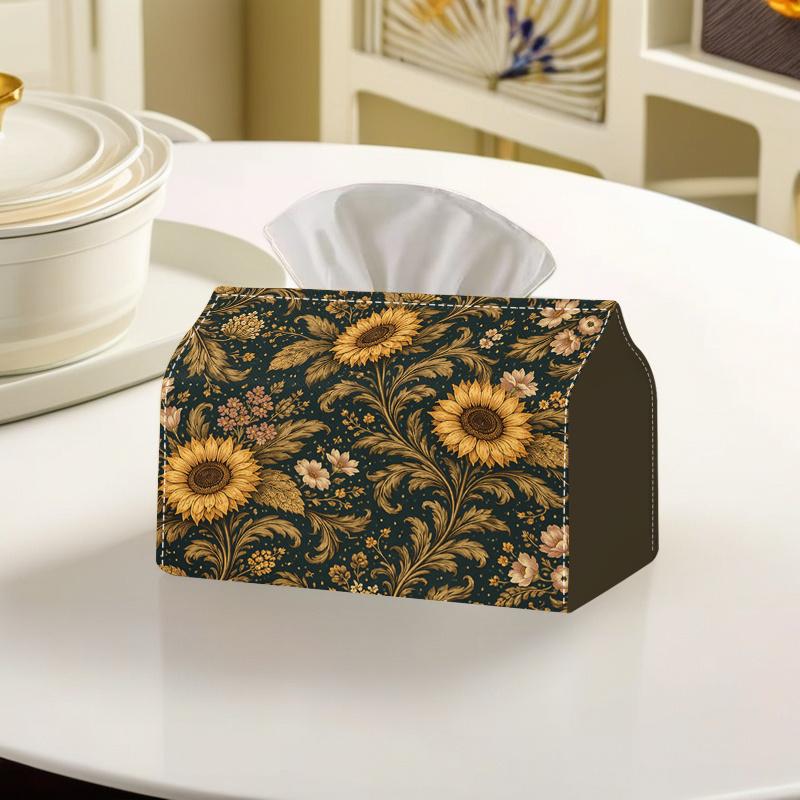 2D Flat, 1pc 2Dflat Retro Style Sunflower Floral Pattern Tissue Box, Suitable for Living Room, Bedroom, Study, Dining Room, Polyester Material