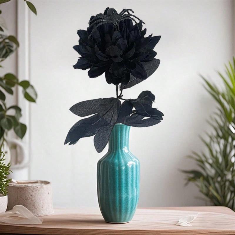 Halloween Artificial Flowers With Spider Black Faux Dahlia With Stem For Vase Gothic Table Centerpieces Home Party Decor