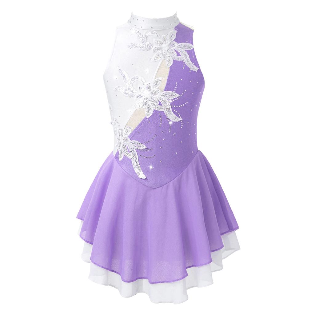 Kids Girls Sparkly Floral Dance Dress Sleeveless Round Neckline Sequins Hollow Back Performance Wear