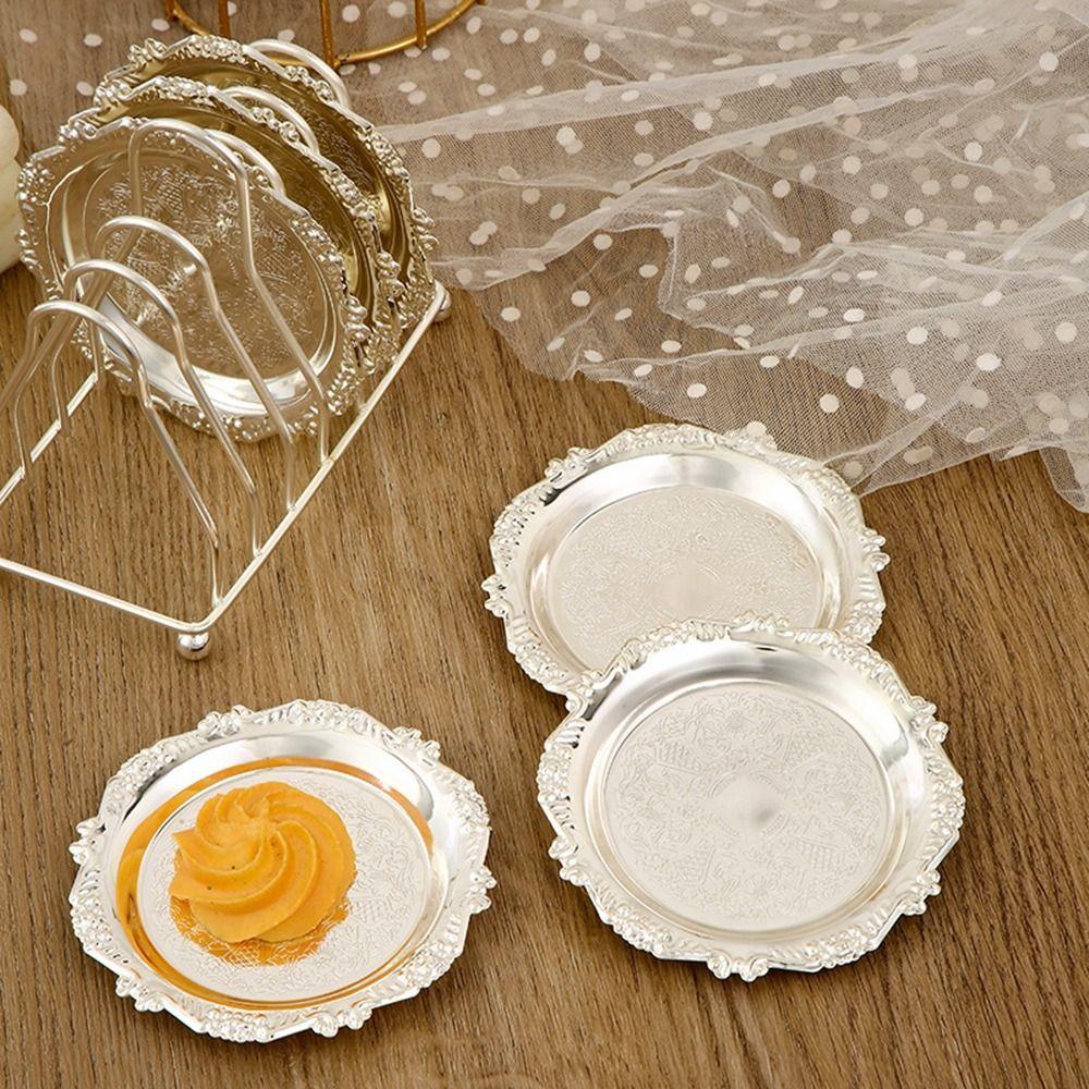 7 Pcs/set Zinc Zinc Zinc Alloy Patterned Cup Mat Plated Metal Cake Tray European Decor Racks  Fruit Tray