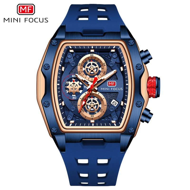 MINI FOCUS Mens Barrel Shape Sport Watch With Date Display Hollow Dial Curved Sapphire Crystal Silicone Strap