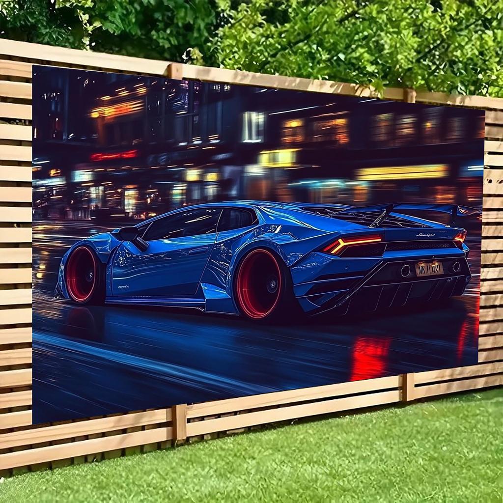 1 шт. Синий спортивный автомобиль ночью на фоне стены - энергичный баннер для вечеринки, украшение для дома