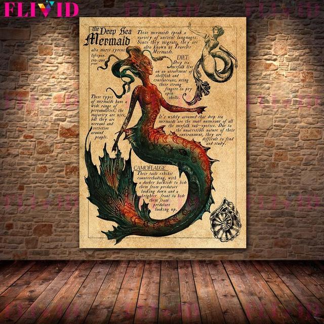 Глубоководная сигнализация и записки русалки Ретро настенная живопись на холсте Половина человека Ипподром и лесной эльф полевой плакат с заметками