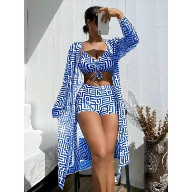 Новый европейский и американский женский раздельный купальник, блузка, трехкомпонентный, собирающий, пляжный, с высокой талией, бикини