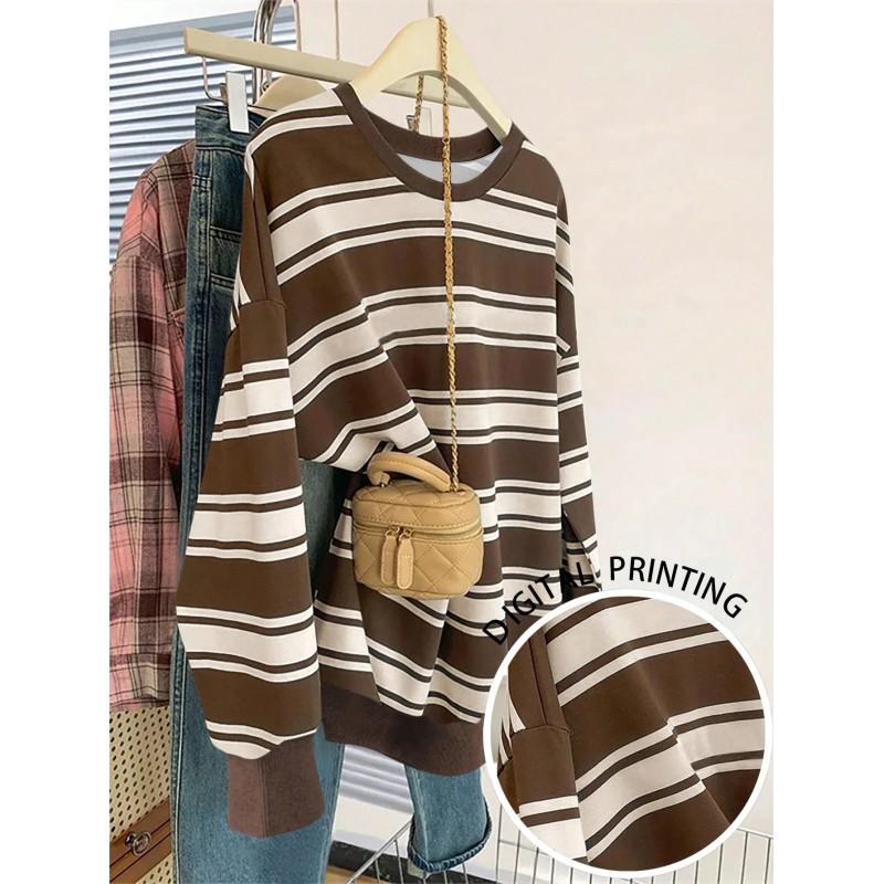 Womens Casual Striped Print Hoodie-Free Sweatshirt Loose Fit Round Neck Long Sleeve Top 2025