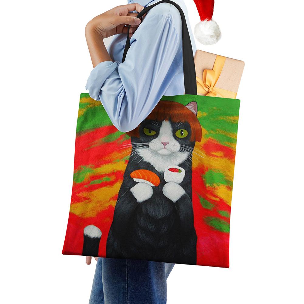 Сумка на плечо повседневная с милым принтом кошки, женская, для покупок, многоразовая, большая вместимость, холщовая, для путешествий, школы, пляжа, тоут-сумка CLE