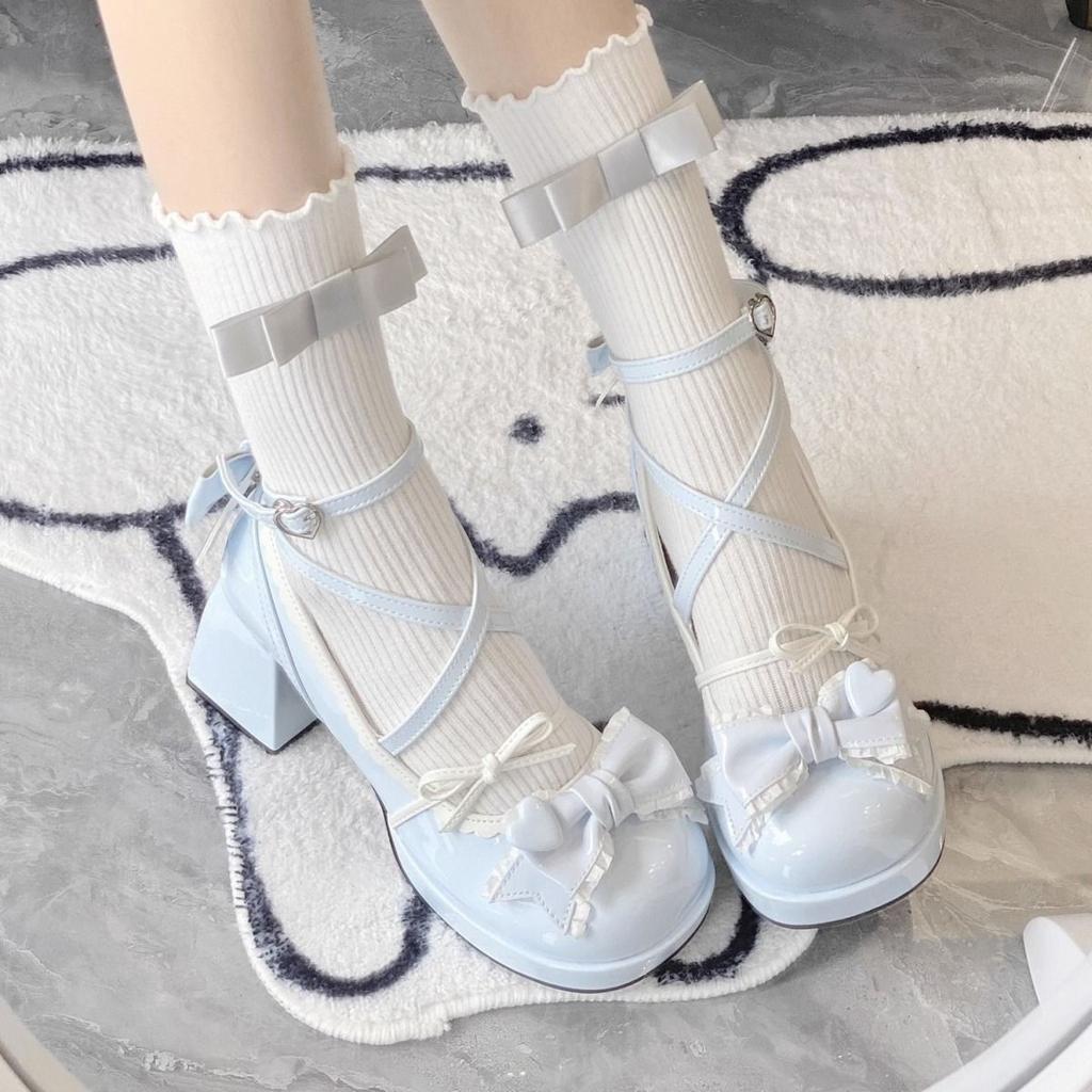 2024 New Thick Heel Thick Sole Mary Jane Small Leather Shoes Sweet Bow Princess Style Lolita Shoes High Heels